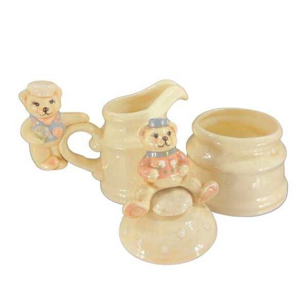 1980s Ceramic Sugar And Creamer Set 2 With Cute Whimsical Teddy Bear On Top - Picture 2 of 15